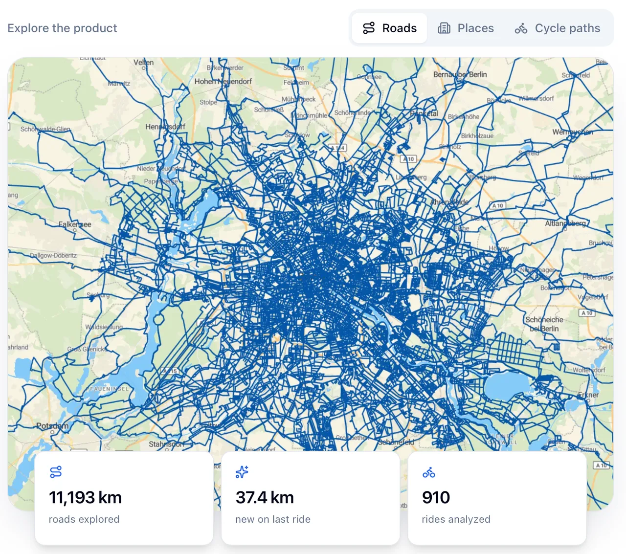 Cyclonauts road map of Berlin and the surrounding towns, Roads tab selected, with explored roads drawn as a dense blue web densest in the city center, and cards reading 11,193 km roads explored, 37.4 km new on last ride and 910 rides analyzed