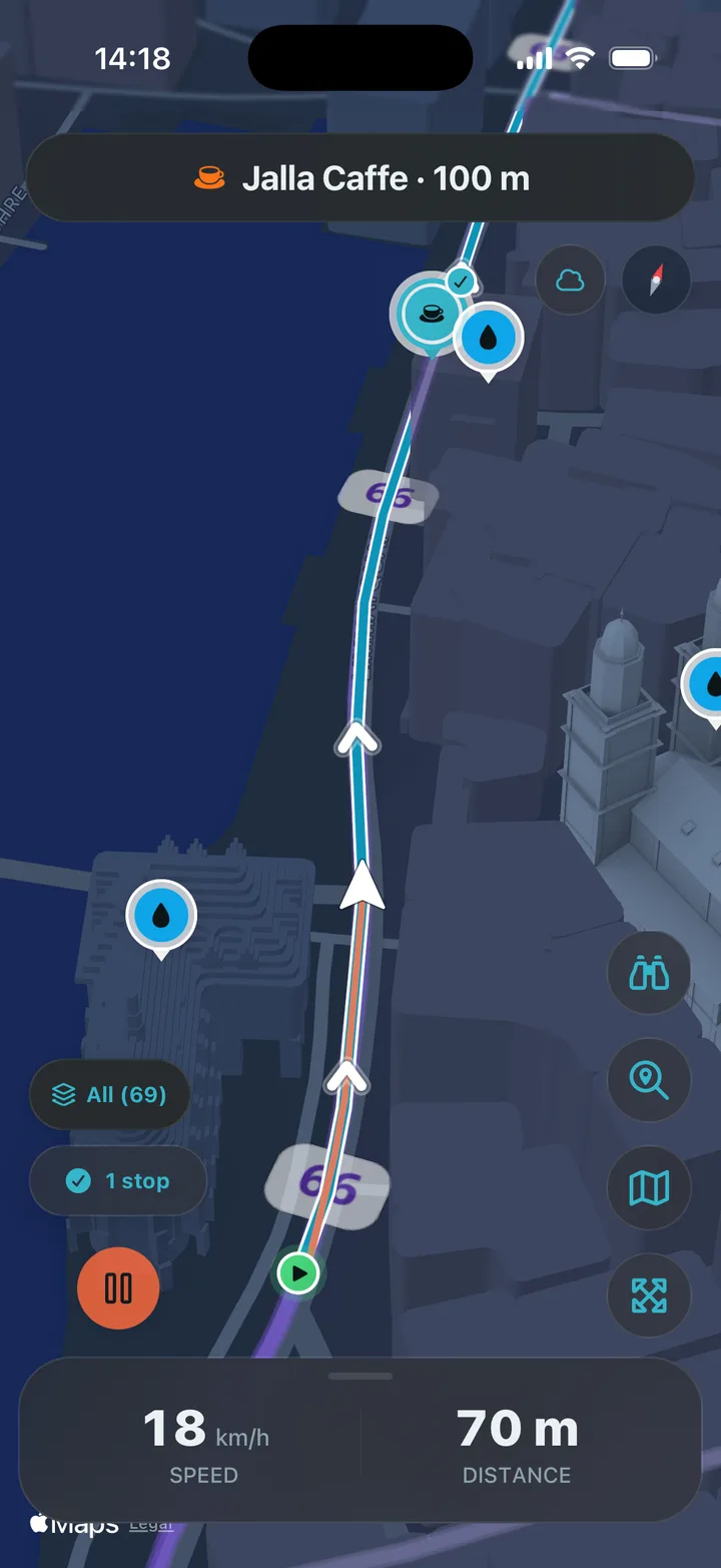 Route Companion turn-by-turn navigation on a 3D city map with a banner showing a cafe stop 100 m ahead, speed and distance