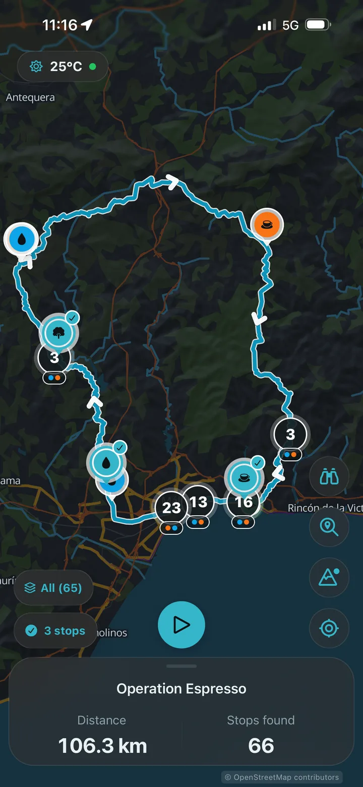 Route Companion map of a 106.3 km loop with water, cafe and shelter stops marked along the route and 66 stops found