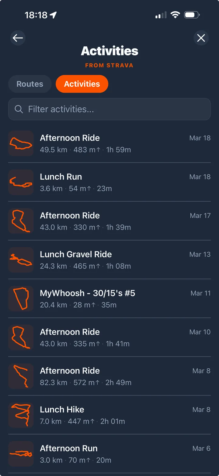 Route Companion on iPhone showing a list of past Strava activities, each with a route thumbnail, distance, climbing and time