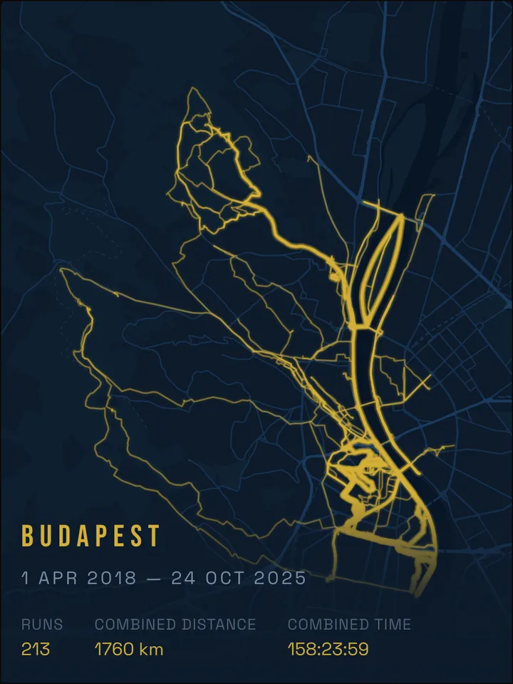 RunInk city heatmap poster of Budapest: 213 runs from April 2018 to October 2025 drawn in gold on a dark blue map, heaviest along the Danube and around Margaret Island, with 1,760 km combined distance printed at the bottom