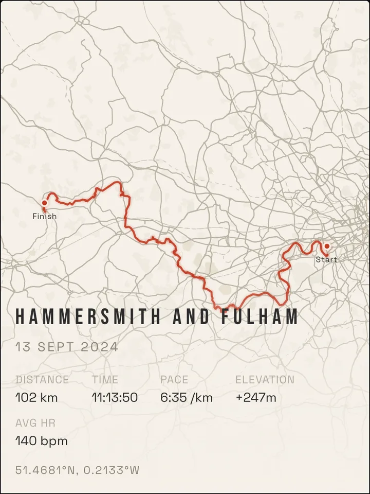 RunInk single-route poster: a 102 km run on 13 September 2024 drawn in red on a cream map of west London and beyond, from Start to Finish, with distance, time, pace, elevation and average heart rate printed underneath