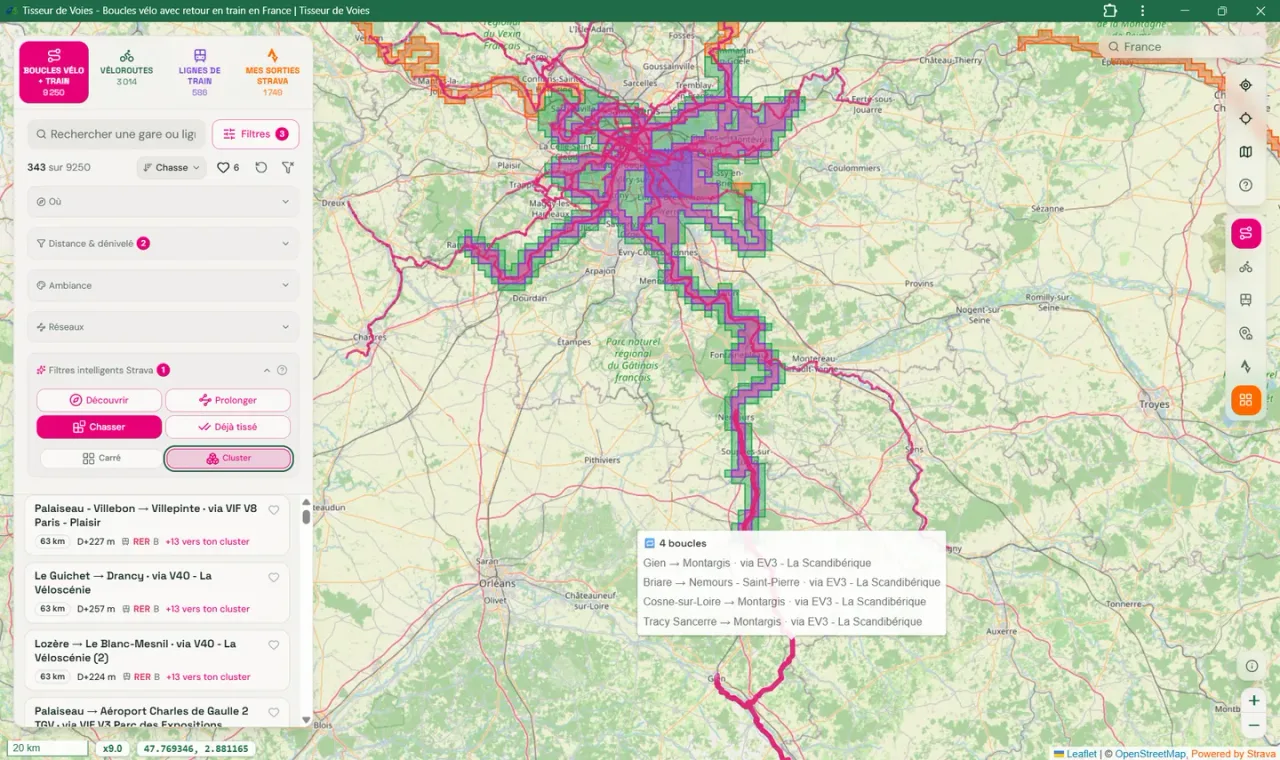 Tisseur de Voies map around Paris with ridden Strava tiles shaded in purple and green, the Chasser filter set to Cluster, and a loop list labelled '+13 vers ton cluster'