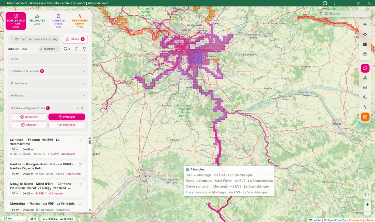 Tisseur de Voies map with ridden Strava tiles in purple around Paris and south toward Montargis, the Prolonger filter on, and loops listed with the number of new tiles each adds
