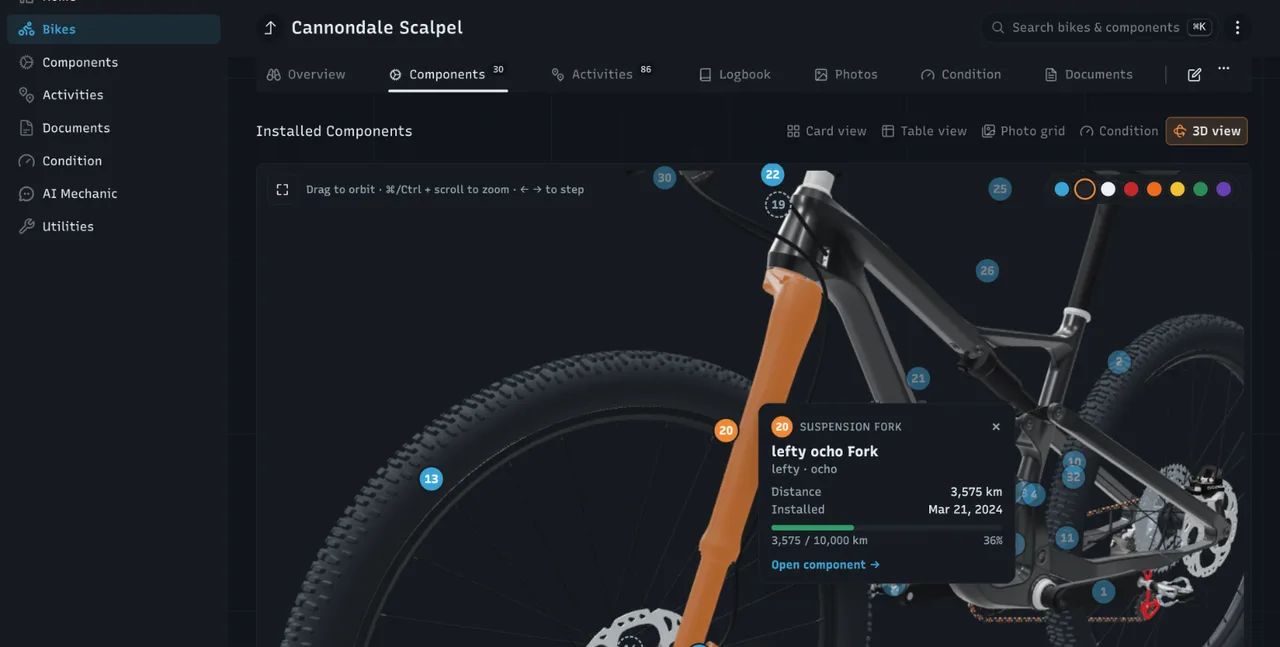 watchmy.bike 3D view of a Cannondale Scalpel's installed components, with numbered markers on each part and the Lefty Ocho suspension fork highlighted in orange, its card showing 3,575 km, installed Mar 21, 2024, and 36% of a 10,000 km interval