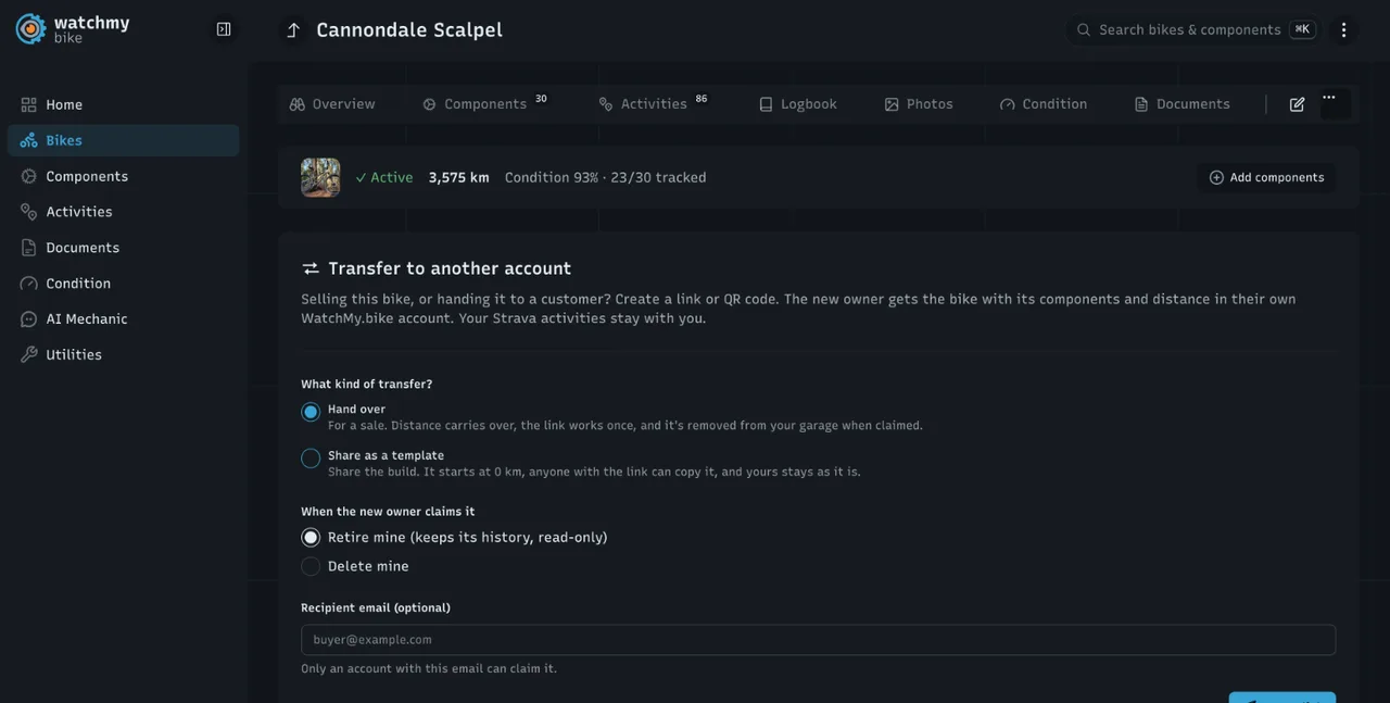 watchmy.bike Transfer to another account form for a Cannondale Scalpel at 3,575 km, with a choice between Hand over (for a sale, distance carries over, the link works once) and Share as a template (starts at 0 km), options to retire or delete the seller's copy when claimed, and an optional recipient email
