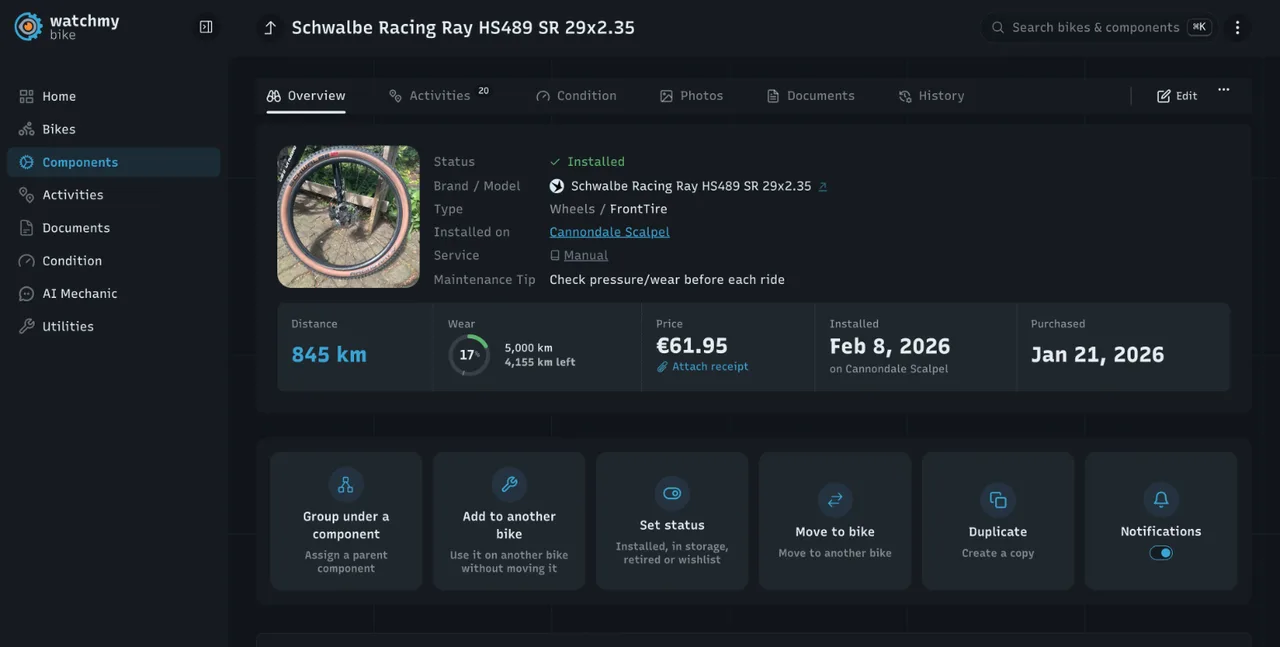 watchmy.bike component page for a Schwalbe Racing Ray HS489 SR 29x2.35 front tyre on a Cannondale Scalpel: 845 km ridden, 17% worn of a 5,000 km lifespan with 4,155 km left, price €61.95, installed Feb 8, 2026, with actions to move it to another bike, set its status or switch its notifications