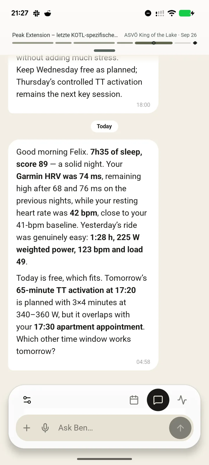 A 04:58 message from YOUB's coach Ben: 7h35 of sleep, score 89, Garmin HRV 74 ms, resting heart rate 42 bpm, a recap of an easy 1:28 ride at 225 W weighted power, and a question about moving a 65-minute TT session that clashes with a 17:30 appointment