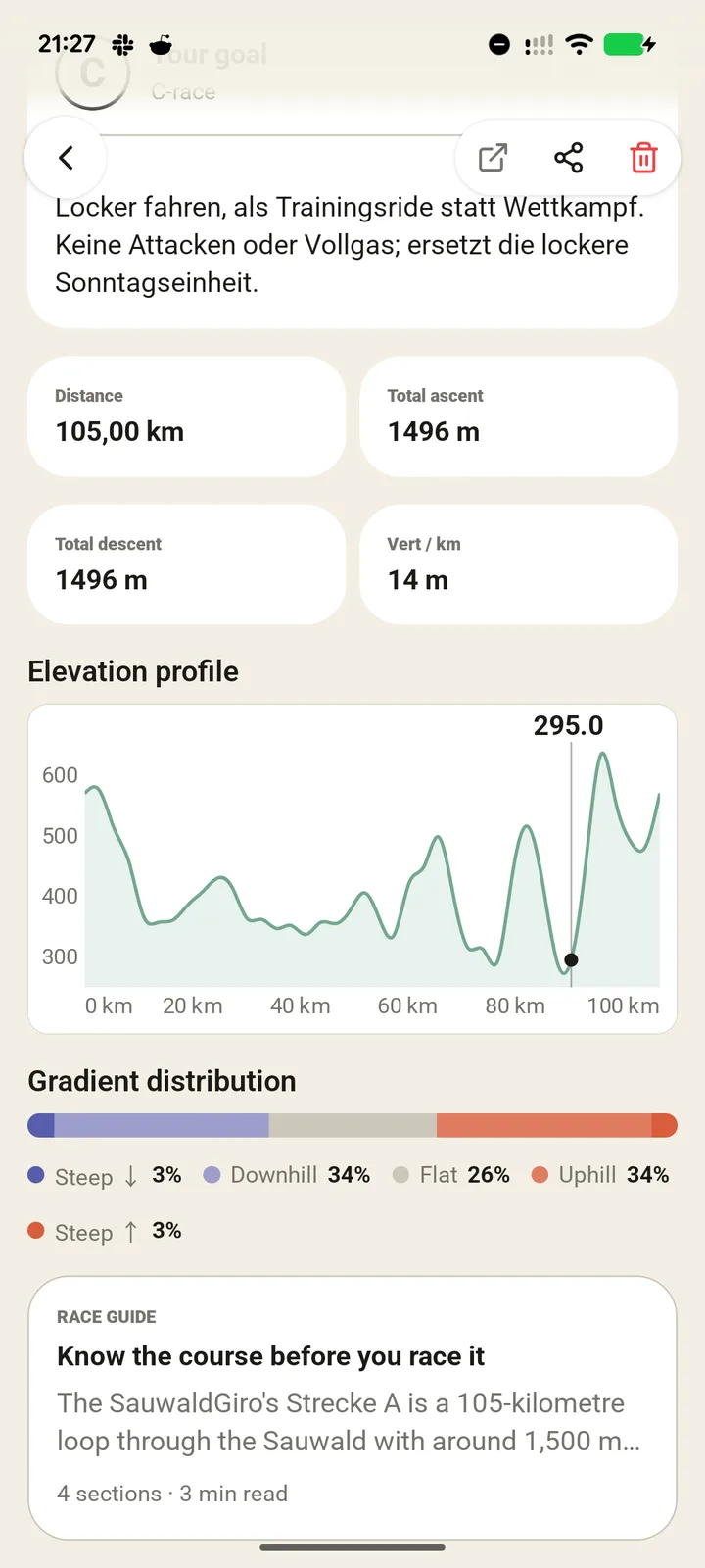 YOUB race page for the SauwaldGiro, marked as a C race, with the note 'Locker fahren, als Trainingsride statt Wettkampf. Keine Attacken oder Vollgas', 105 km, 1496 m of climbing, an elevation profile and gradient breakdown