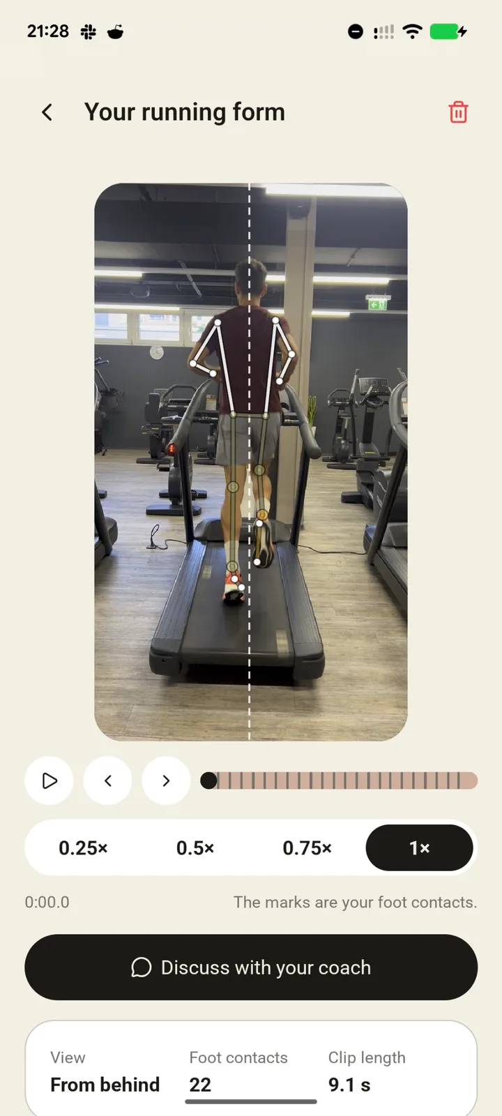 YOUB's running form screen: a treadmill clip of a runner from behind with a skeleton overlay and center line, playback speeds from 0.25x to 1x, a Discuss with your coach button, and a summary of 22 foot contacts in a 9.1 second clip